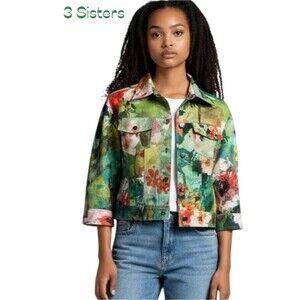 Anthropologie 3 Sisters Green Red Bold Floral Print Cropped Jacket NWOT